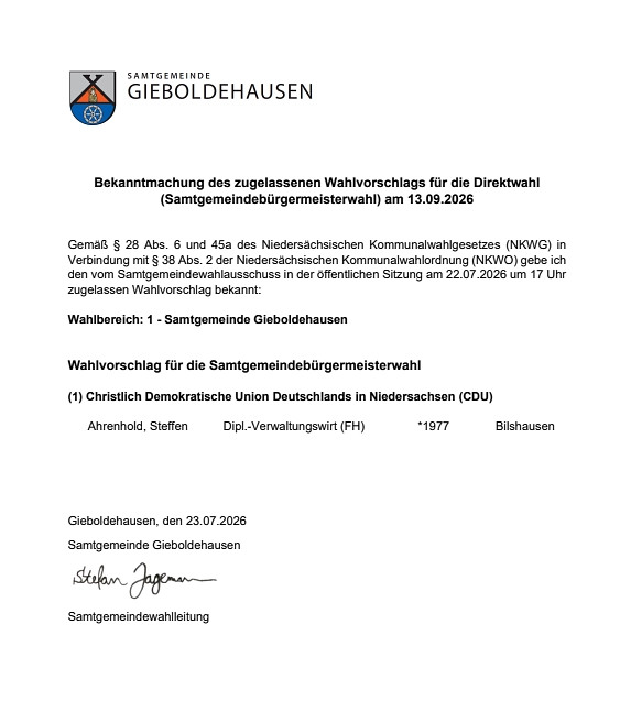 BKM Wahlvorschlag SGB Kandidaten für die Wahl des Samtgemeindebürgermeisters © Samtgemeinde Gieboldehausen